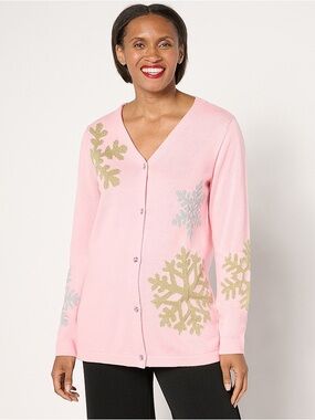 NWT Quacker Factory Pink Snow Day V-Neck Intarsia Snowflake Sweater Cardigan XL